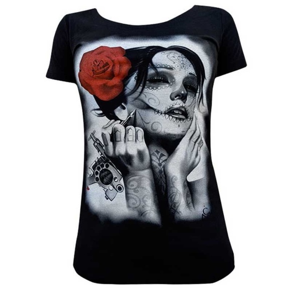 Tattoo Art Day of the Dead Women's Black Tee S-M-L-XL-XXL - Picture 2 of 3